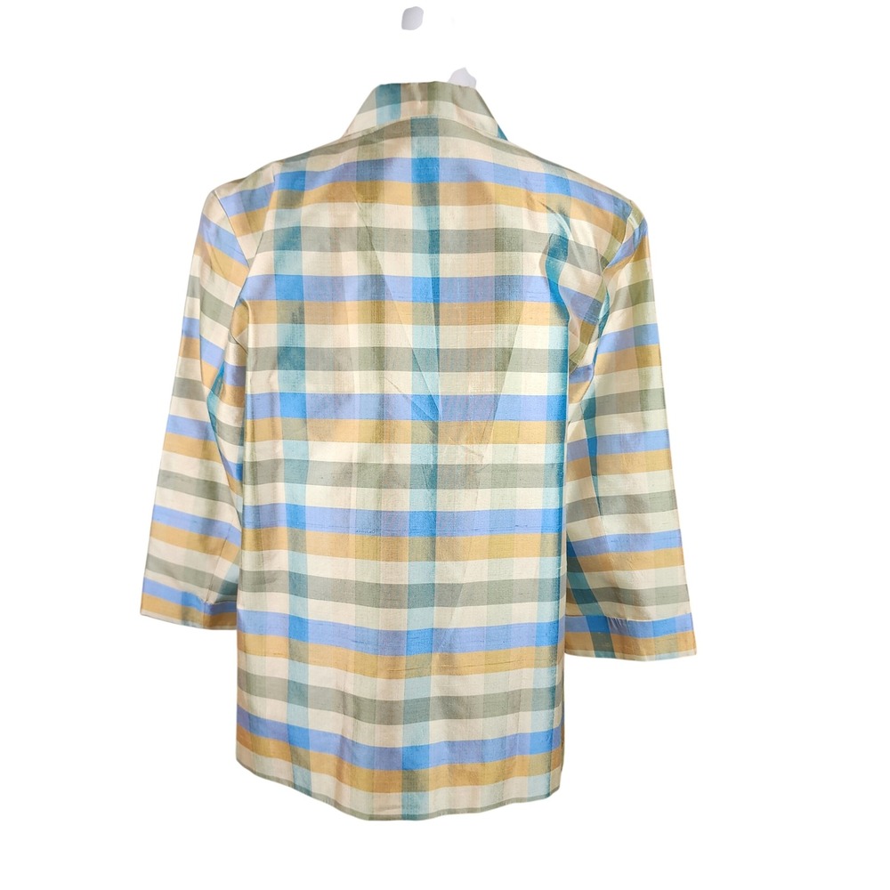 Silkland Shirt Top Jacket Womens 10 Blue Gold Green Check Silk Casual Office VTG - Picture 2 of 8